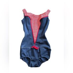 VTG 1960’s One Piece Knit Swimsuit Navy Red Sz  6/8 M Built in Bra Scoop Back